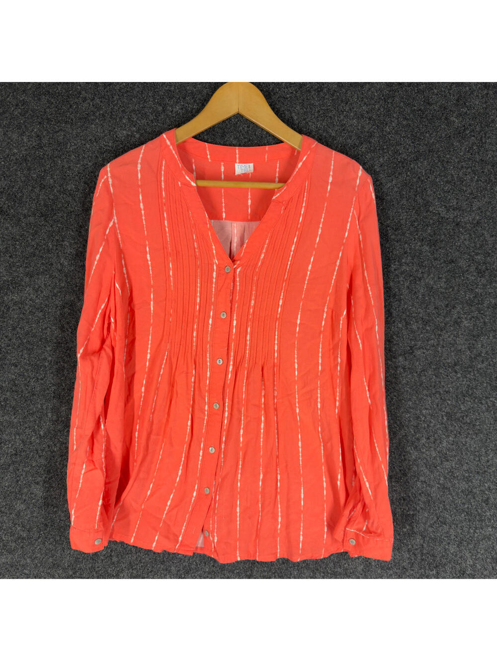 Time And Tru Button Up Top Women S Small Orange Striped V-Neck Long Sleeve Rayon